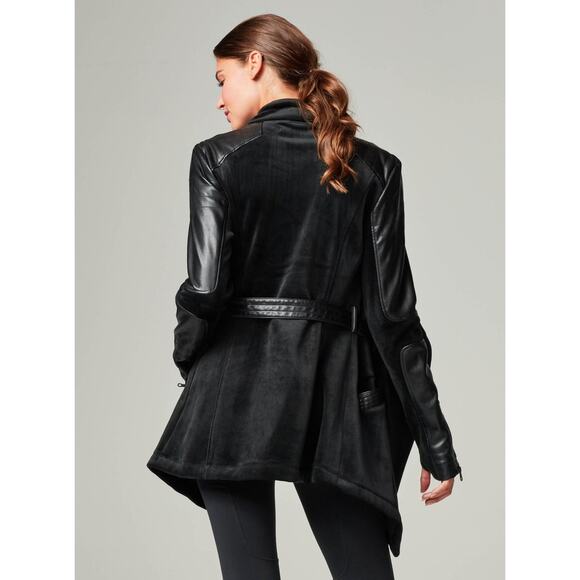 Blanc Noir Belted Drape Velour Jacket Black Soft Coat Size Large Mid Length - Picture 15 of 16